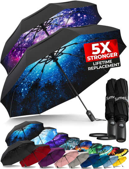 Strongest Windproof Travel Umbrella (Compact, 100MPH Wind-Tested), Light, Portable, One-Handed Use, Automatic Folding Rain Umbrella, Durable, Premium Grip, Fits Car & Backpack