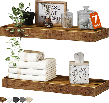 QEEIG Bathroom Floating Shelves for Wall - 15.7" Wall Mounted Shelf Over Toilet Farmhouse Home Decor Display Bookshelf Small 15.7 x 6.7 inch Set of 2, Rustic Brown (008-40BN)