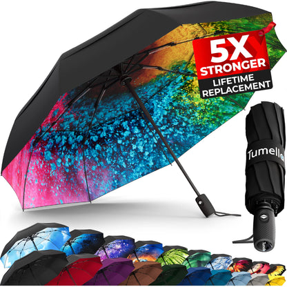 Strongest Windproof Travel Umbrella (Compact, 100MPH Wind-Tested), Light, Portable, One-Handed Use, Automatic Folding Rain Umbrella, Durable, Premium Grip, Fits Car & Backpack