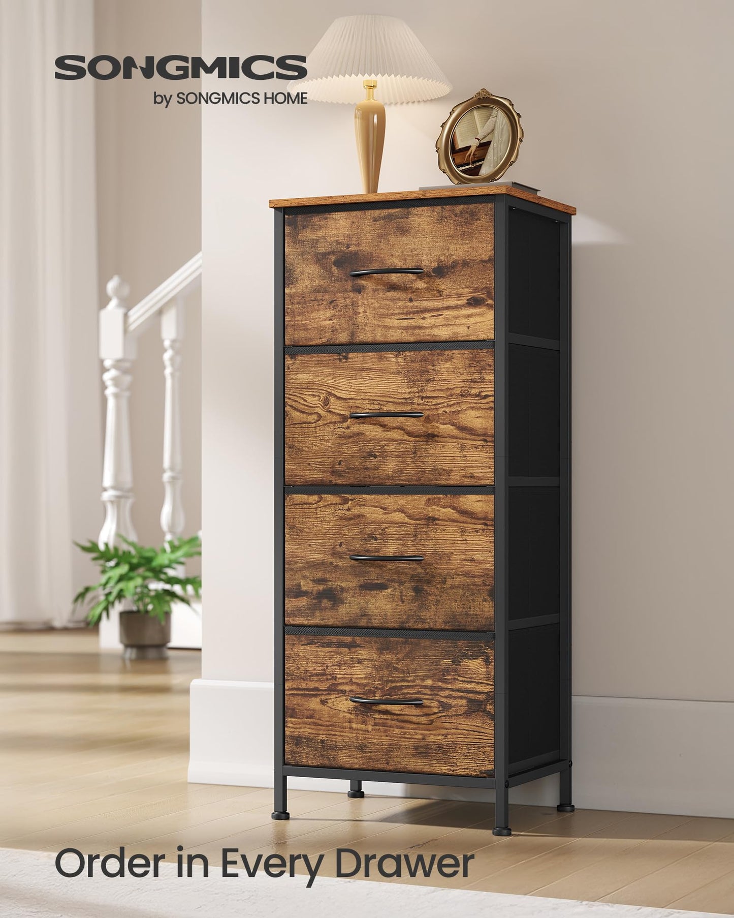 SONGMICS BELLAH Collection - Dresser for Bedroom, Chest of Drawers, Storage Organizer Unit, Closet, Entryway, Steel, 4 Drawers, Modern, Ink Black and Ebony Black ULGS314B01S