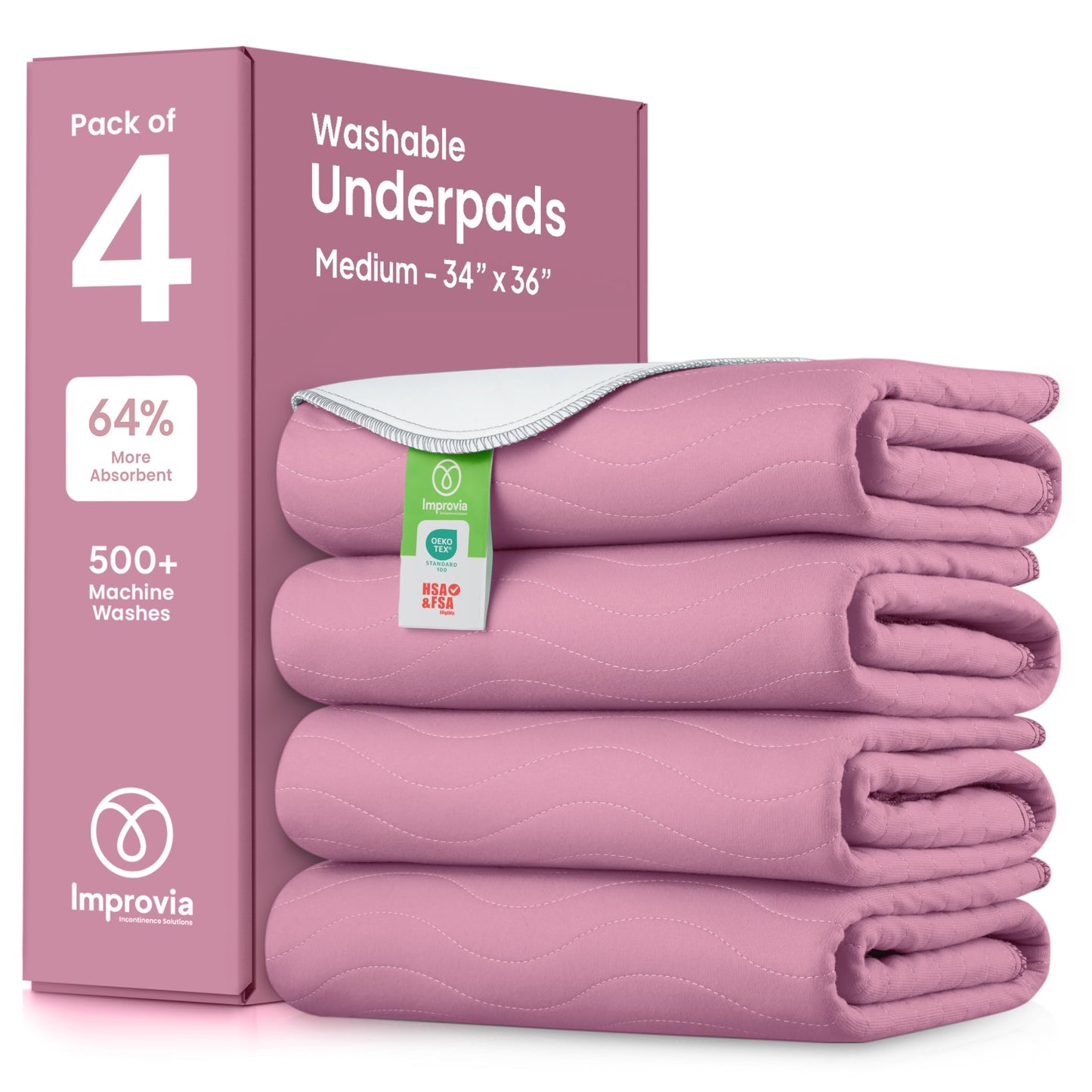 IMPROVIA® Washable Underpads, 34" x 36" (Pack of 4) - Heavy Absorbency Reusable Bedwetting Incontinence Pads for Kids, Adults, Elderly, and Pets - Waterproof Protective Pad for Bed, Couch, Sofa, Floor