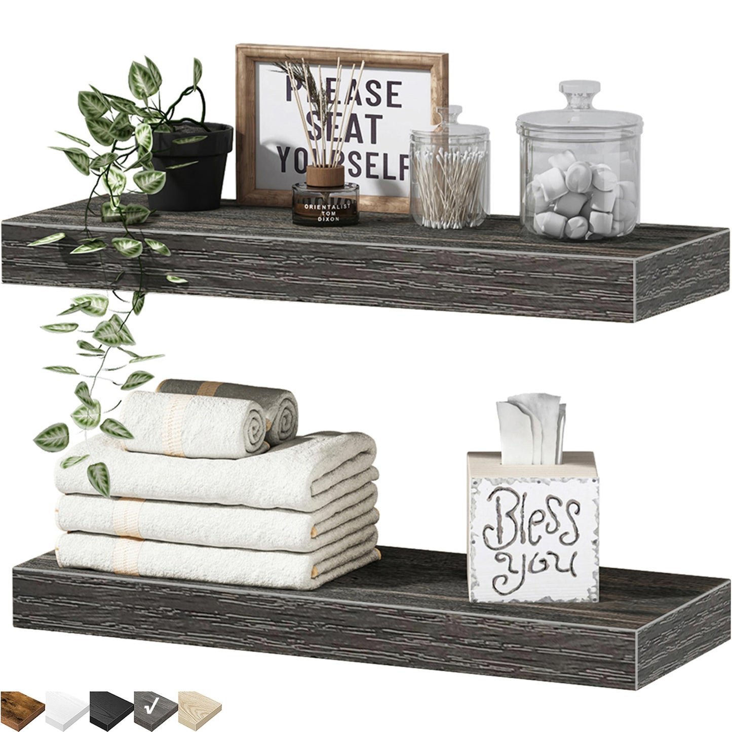 QEEIG Bathroom Floating Shelves for Wall - 15.7" Wall Mounted Shelf Over Toilet Farmhouse Home Decor Display Bookshelf Small 15.7 x 6.7 inch Set of 2, Rustic Brown (008-40BN)