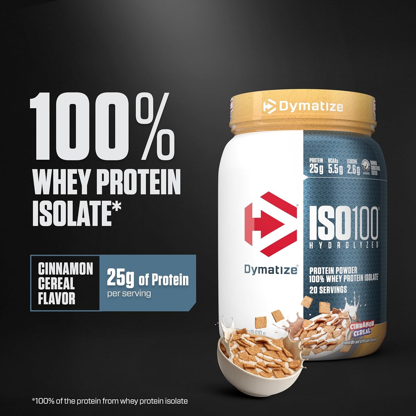 Dymatize ISO100 Protein Powder, 100% Whey Isolate, Cookies & Cream | 25g Protein, Hydrolyzed, Fast-Absorbing, Supports Muscle Health, 5.5g BCAAs, Gluten-Free, 20 Servings, 1.3 lb