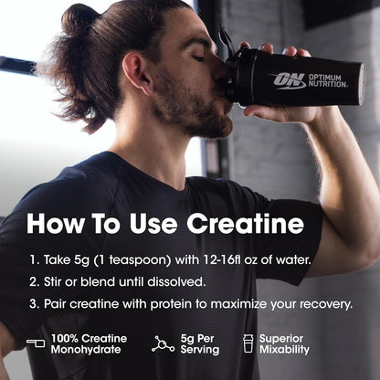 Optimum Nutrition Creatine, Micronized Creatine Monohydrate Powder, Supports Strength & Recovery, Banned Substance Tested, Unflavored, 5g per Serving, 60 Servings | 5g Micronized Creatine Monohydrate Powder Per Serving, Supports Muscle Strength & Power, E