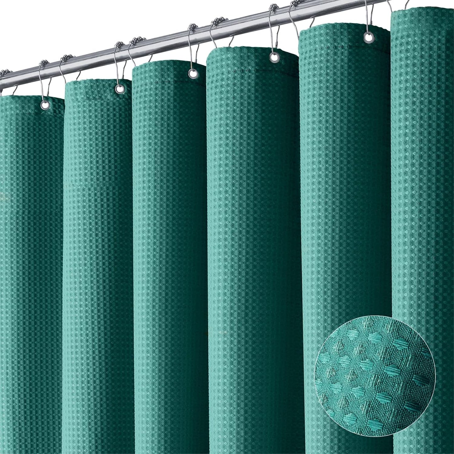 Waffle Shower Curtain 256 GSM Heavy Duty Fabric 72"x72" Dark Green | Thick Textured Cloth, Weighted Hem, Water Repellent Washable, Hotel Luxury Polyester Shower Curtain Set for Bathroom 12 Hooks