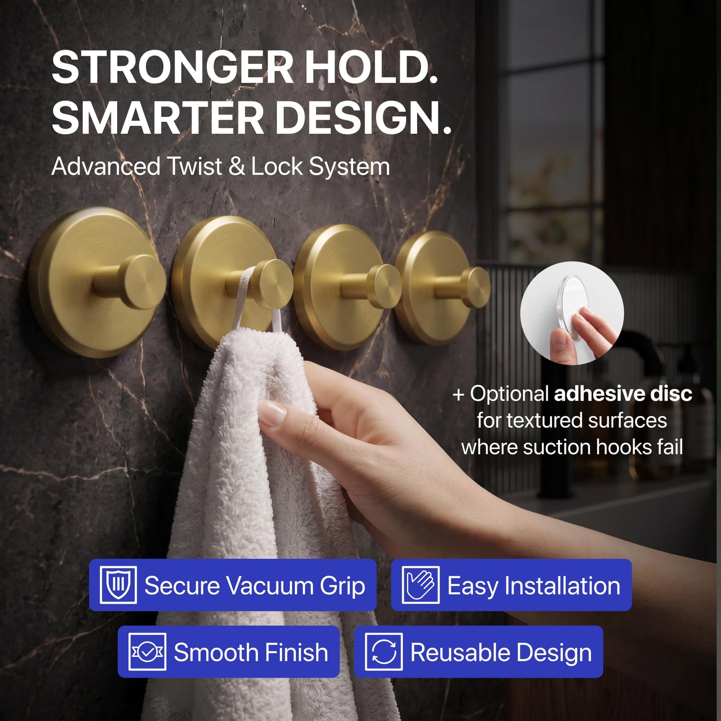 HOME SO Suction Cup Hooks for Shower & Bathroom Towel Holder 2-Pack Black | Waterproof Rustproof Organizer Hook Hanging Loofah Robe Coat Bath Accessories on Tile Glass Door Mirror + Optional 3M Disc