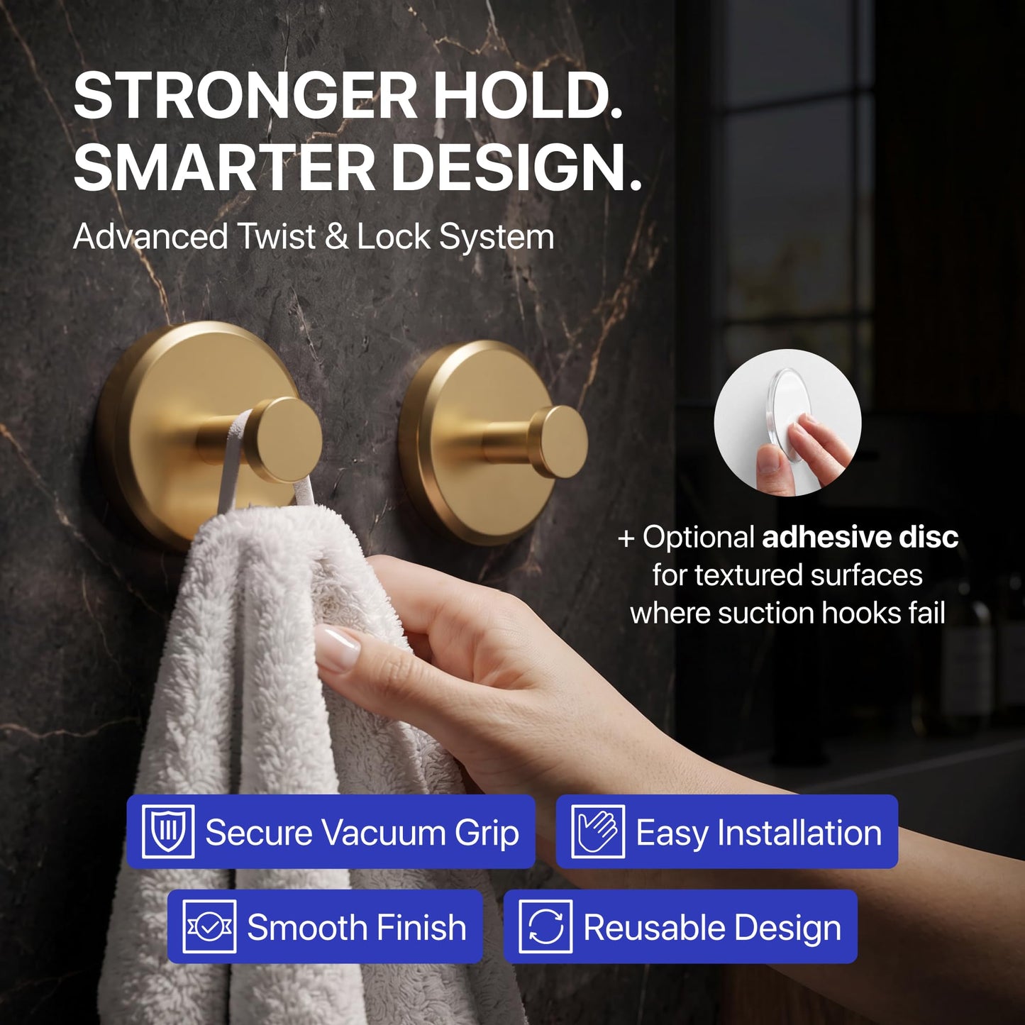 HOME SO Suction Cup Hooks for Shower & Bathroom Towel Holder 2-Pack Black | Waterproof Rustproof Organizer Hook Hanging Loofah Robe Coat Bath Accessories on Tile Glass Door Mirror + Optional 3M Disc