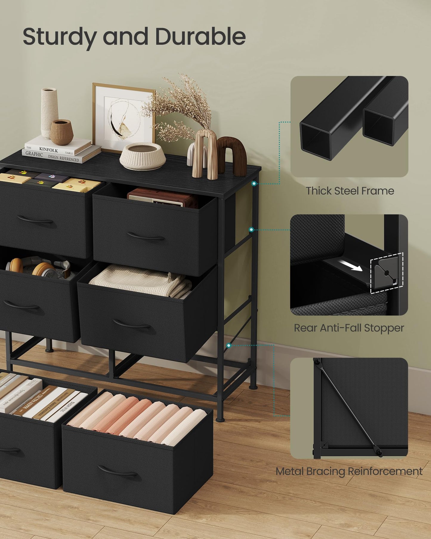 SONGMICS BELLAH Collection - Dresser for Bedroom, Chest of Drawers, Storage Organizer Unit, Closet, Entryway, Steel, 4 Drawers, Modern, Ink Black and Ebony Black ULGS314B01S