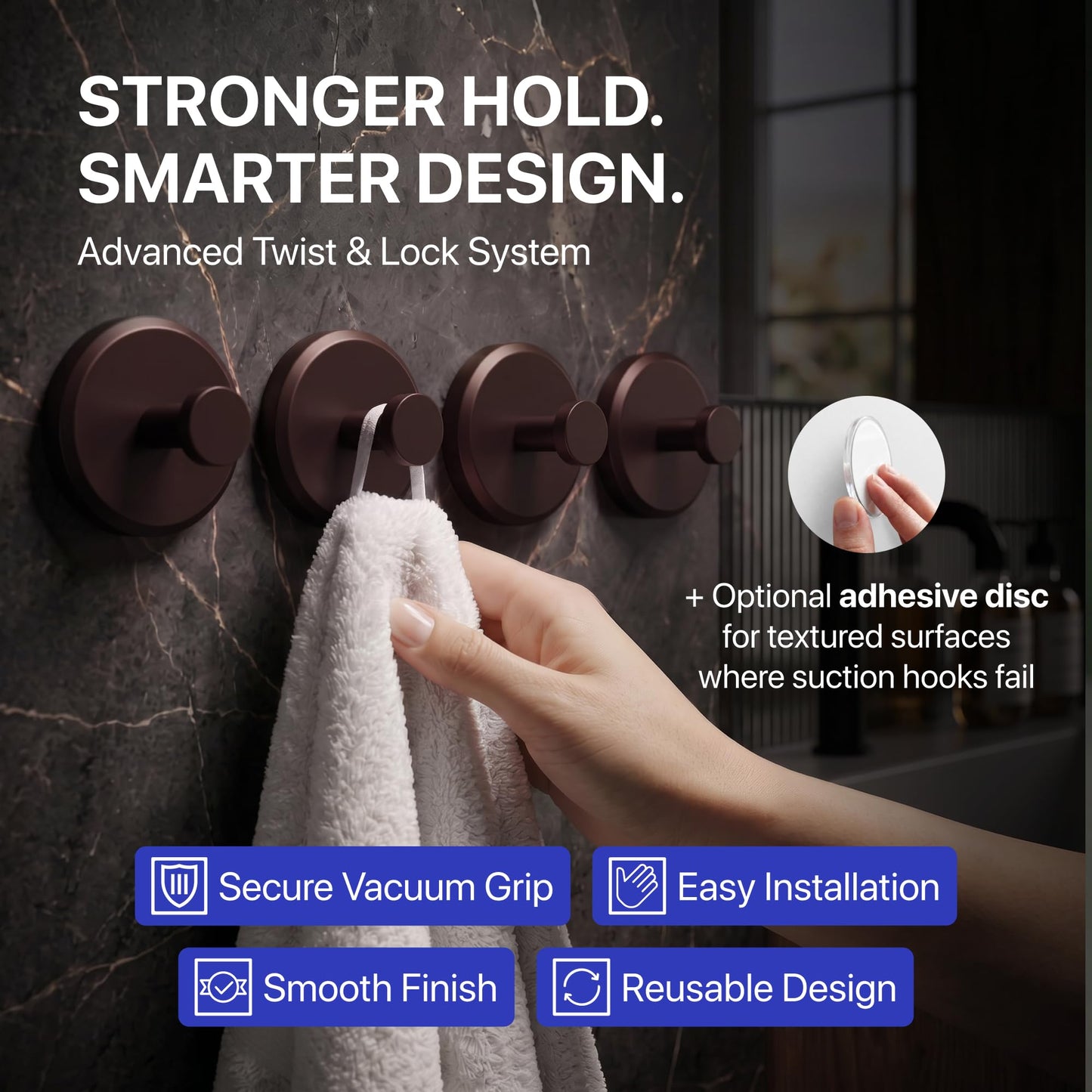 HOME SO Suction Cup Hooks for Shower & Bathroom Towel Holder 2-Pack Black | Waterproof Rustproof Organizer Hook Hanging Loofah Robe Coat Bath Accessories on Tile Glass Door Mirror + Optional 3M Disc