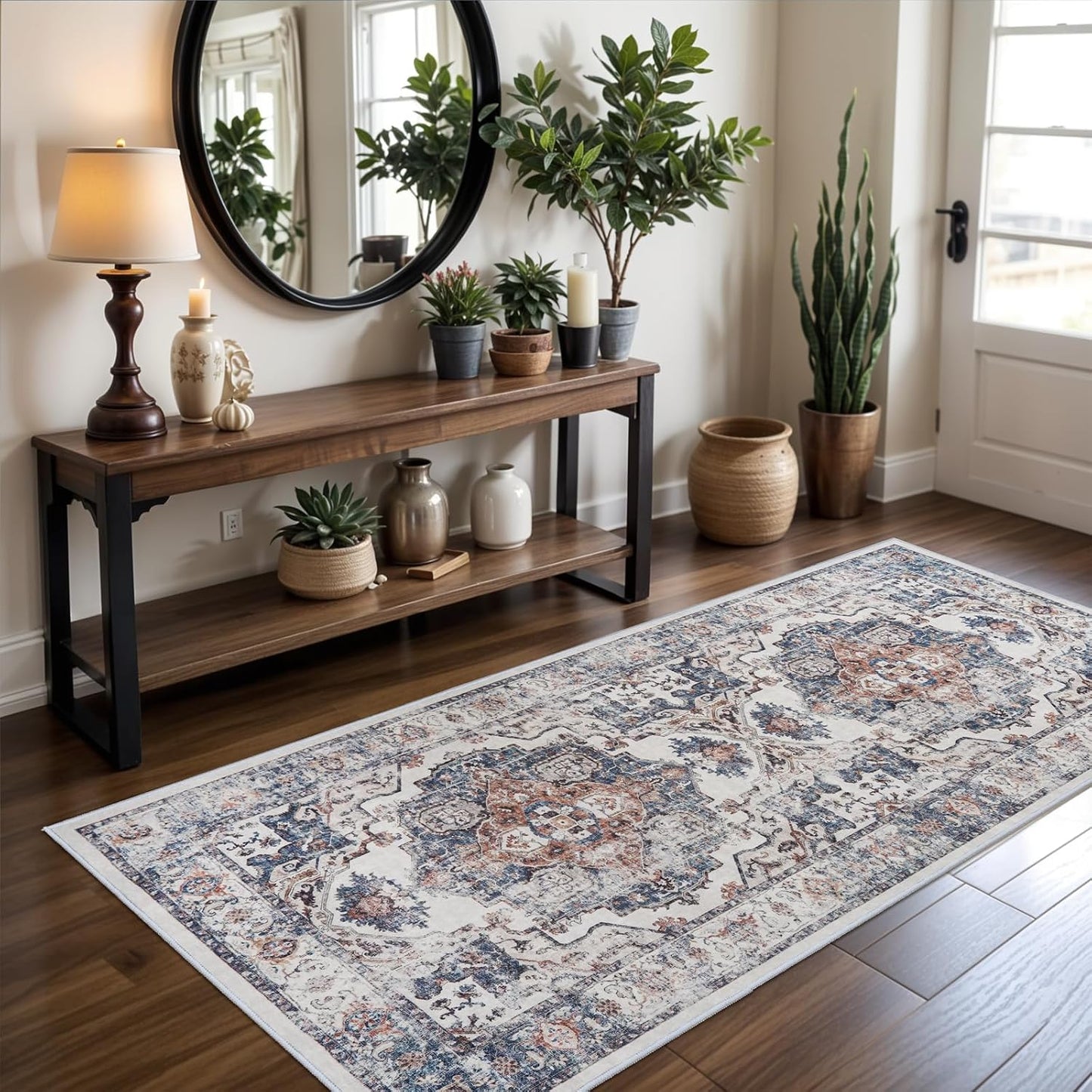 2x6 Hallway Washable Runner Rug : Vintage Soft Kitchen Laundry Runner with Non Slip Backing Farmhouse Entryway Living Room Floor Mat Stain Resistant Carpet for Bedroom Bathroom Distressed Beside Rug
