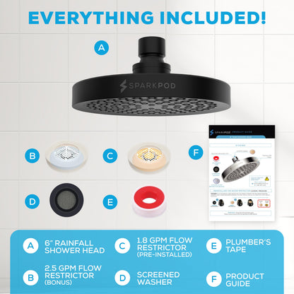 SparkPod Rain Shower Head, 6 Inch Round, Luxury Polished Chrome Finish | High Pressure Shower Heads, 90 Nozzles, Adjustable Showerhead, No Tools Needed, Universal Connection