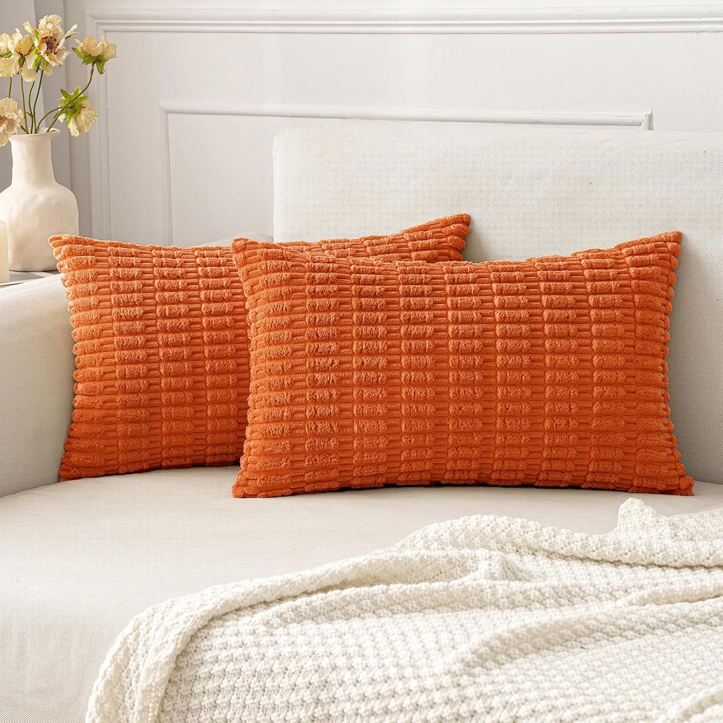 MIULEE Corduroy Decorative Throw Pillow Covers 18x18 Aqua Green Pack of 2 | Soft Boho Striped Pillow Covers Modern Farmhouse Home Decor For Sofa Living Room Couch Bed