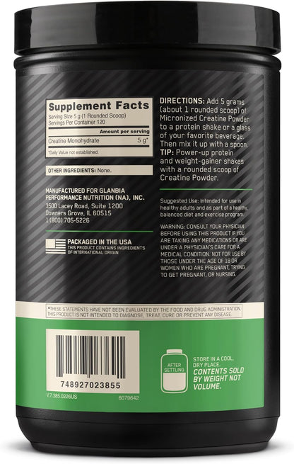 Optimum Nutrition Creatine, Micronized Creatine Monohydrate Powder, Supports Strength & Recovery, Banned Substance Tested, Unflavored, 5g per Serving, 60 Servings | 5g Micronized Creatine Monohydrate Powder Per Serving, Supports Muscle Strength & Power, E