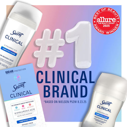 Secret Clinical Strength Invisible Solid Antiperspirant Deodorant for Women, 100HR Sweat & Odor Protection, 3X Stress Protection with Hyaluronic Acid, PH Balanced, Completely Clean Scent, 2.6 oz