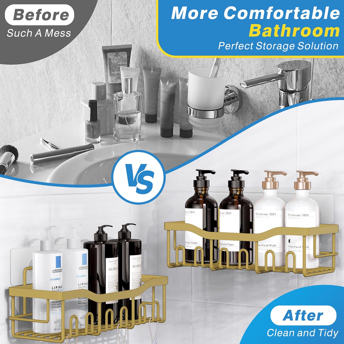 EUDELE Adhesive Shower Caddy, 5 Pack Rustproof Stainless Steel Bath Organizers With Large Capacity, No Drilling Shelves for Bathroom Storage & Home Decor