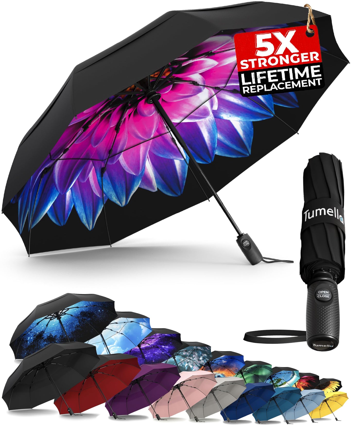 Strongest Windproof Travel Umbrella (Compact, 100MPH Wind-Tested), Light, Portable, One-Handed Use, Automatic Folding Rain Umbrella, Durable, Premium Grip, Fits Car & Backpack
