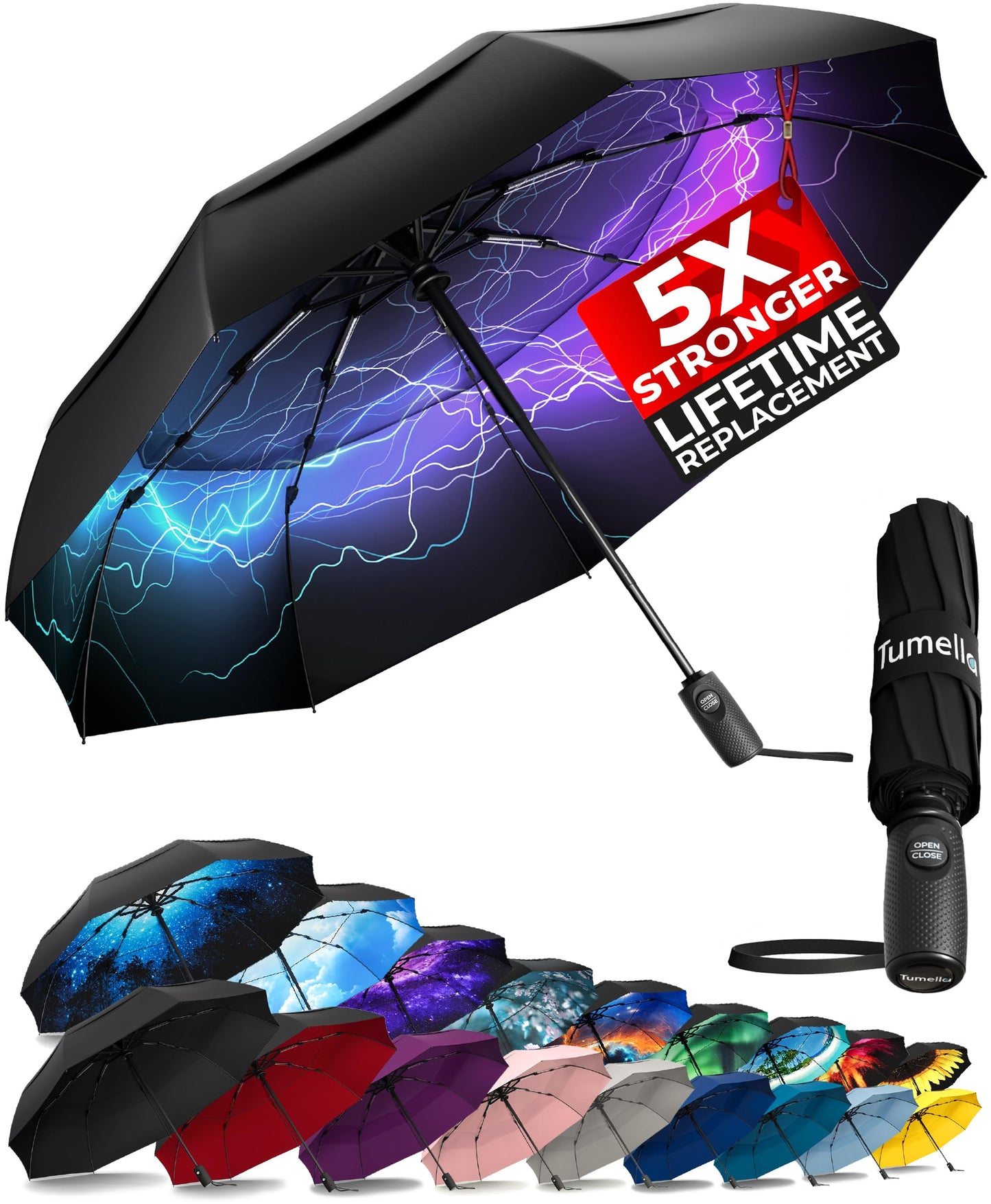 Strongest Windproof Travel Umbrella (Compact, 100MPH Wind-Tested), Light, Portable, One-Handed Use, Automatic Folding Rain Umbrella, Durable, Premium Grip, Fits Car & Backpack
