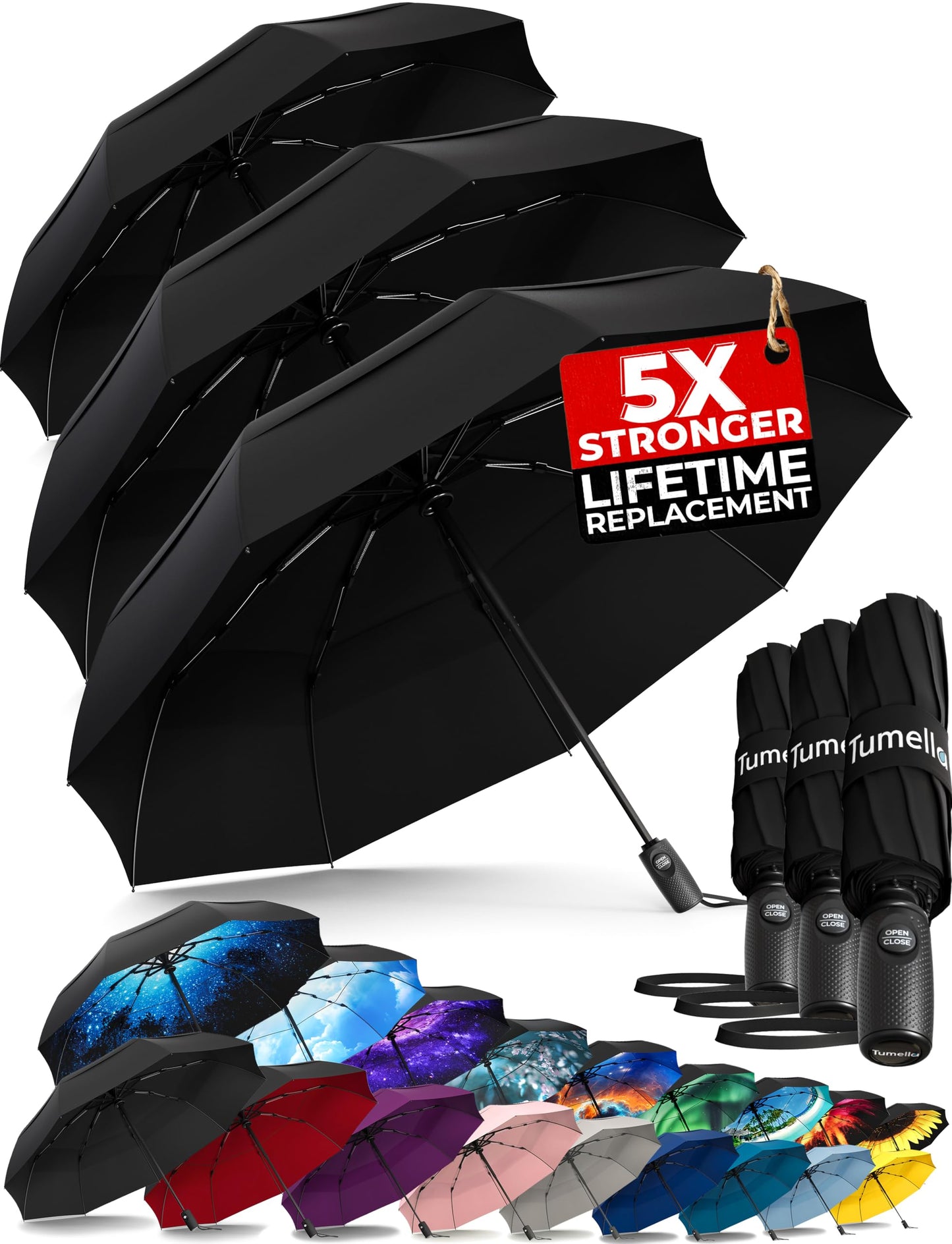 Strongest Windproof Travel Umbrella (Compact, 100MPH Wind-Tested), Light, Portable, One-Handed Use, Automatic Folding Rain Umbrella, Durable, Premium Grip, Fits Car & Backpack