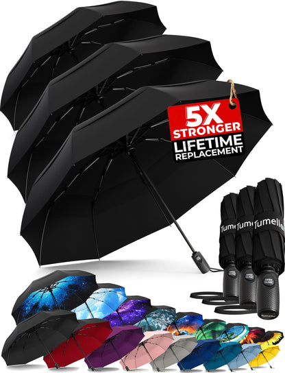 Strongest Windproof Travel Umbrella (Compact, 100MPH Wind-Tested), Light, Portable, One-Handed Use, Automatic Folding Rain Umbrella, Durable, Premium Grip, Fits Car & Backpack