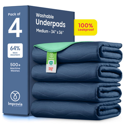 IMPROVIA® Washable Underpads, 34" x 36" (Pack of 4) - Heavy Absorbency Reusable Bedwetting Incontinence Pads for Kids, Adults, Elderly, and Pets - Waterproof Protective Pad for Bed, Couch, Sofa, Floor