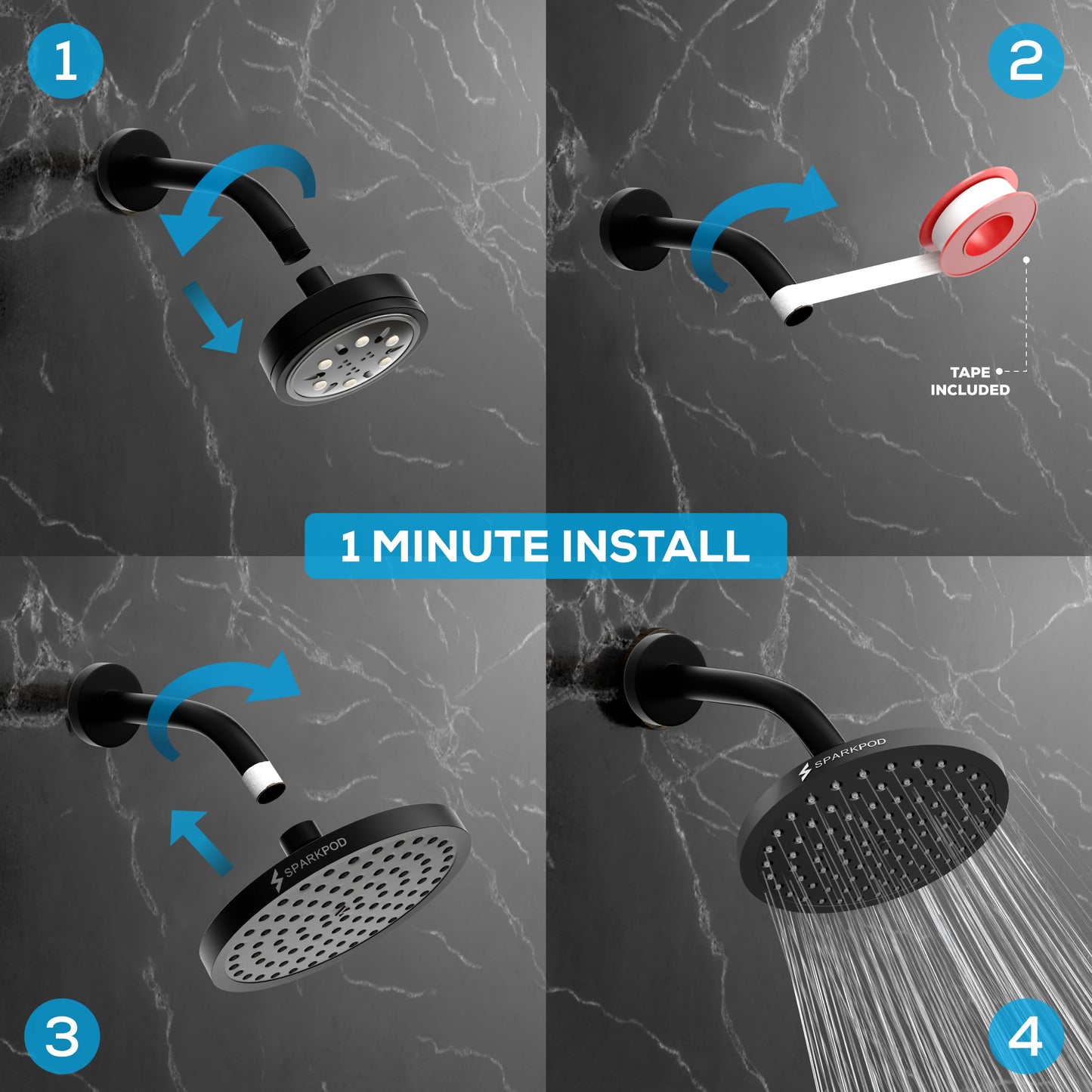 SparkPod Rain Shower Head, 6 Inch Round, Luxury Polished Chrome Finish | High Pressure Shower Heads, 90 Nozzles, Adjustable Showerhead, No Tools Needed, Universal Connection