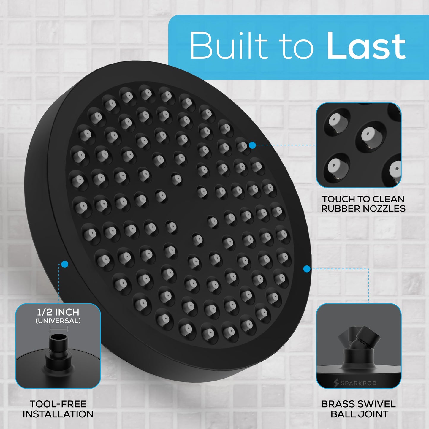 SparkPod Rain Shower Head, 6 Inch Round, Luxury Polished Chrome Finish | High Pressure Shower Heads, 90 Nozzles, Adjustable Showerhead, No Tools Needed, Universal Connection