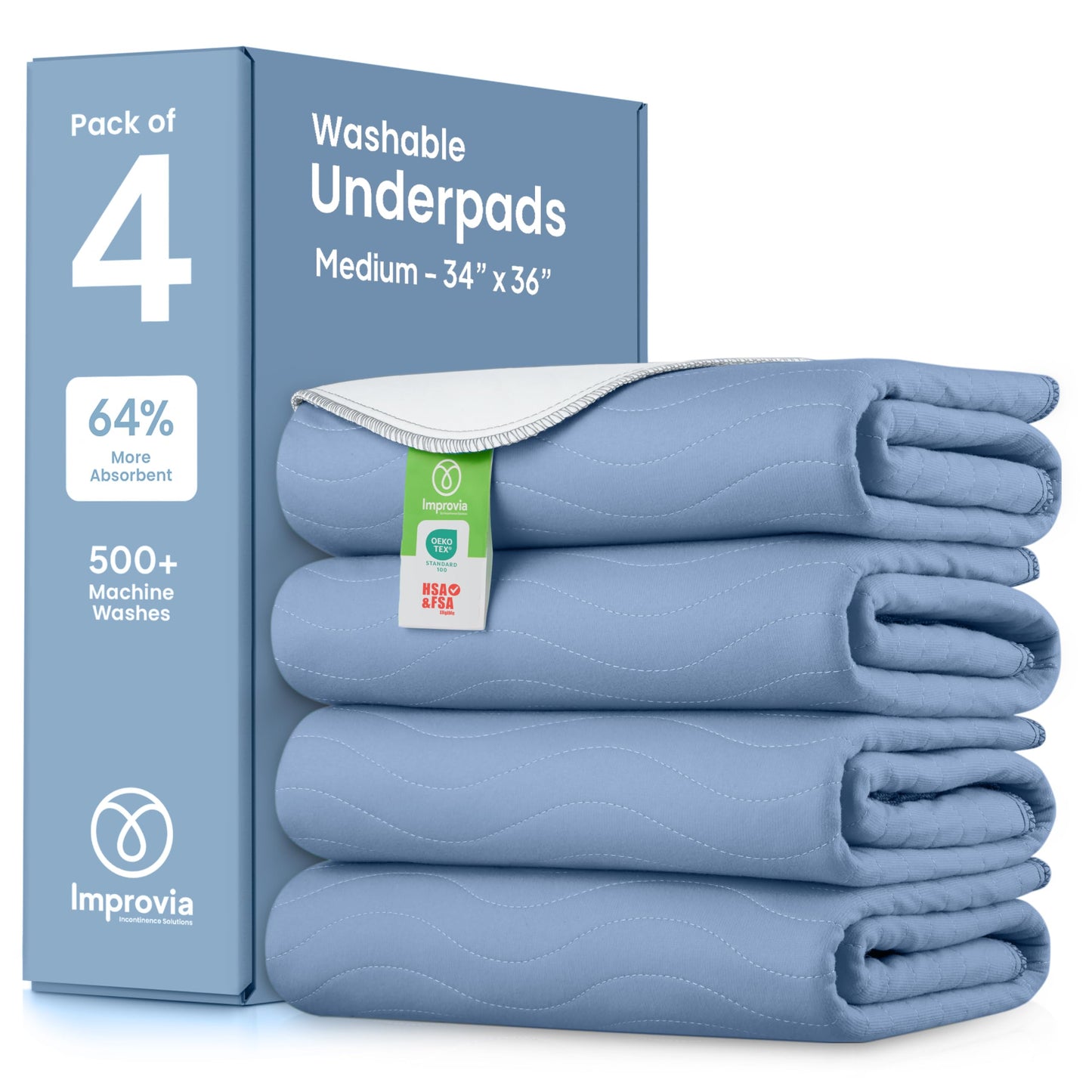 IMPROVIA® Washable Underpads, 34" x 36" (Pack of 4) - Heavy Absorbency Reusable Bedwetting Incontinence Pads for Kids, Adults, Elderly, and Pets - Waterproof Protective Pad for Bed, Couch, Sofa, Floor