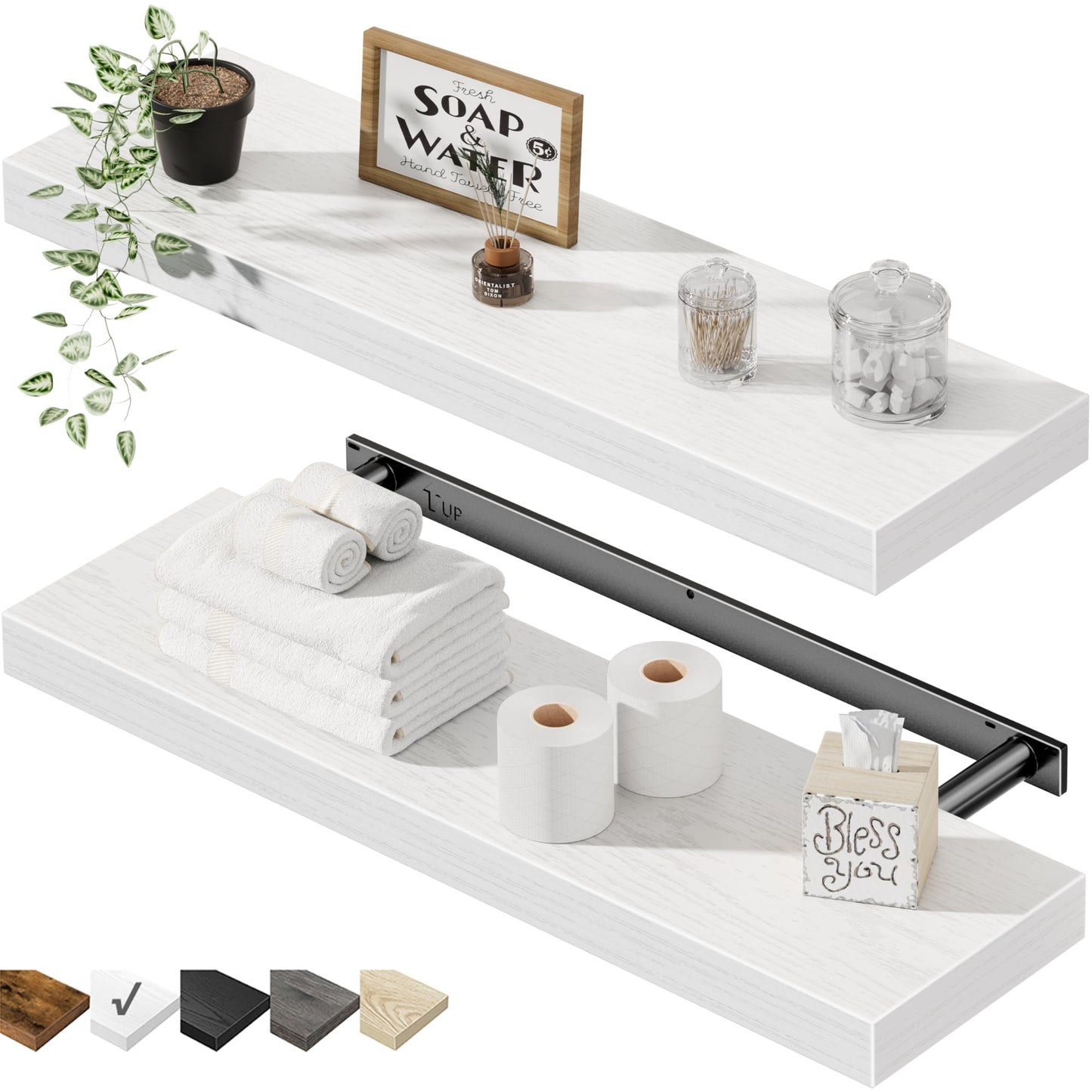 QEEIG Bathroom Floating Shelves for Wall - 15.7" Wall Mounted Shelf Over Toilet Farmhouse Home Decor Display Bookshelf Small 15.7 x 6.7 inch Set of 2, Rustic Brown (008-40BN)