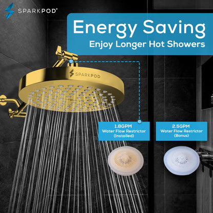 SparkPod Rain Shower Head, 6 Inch Round, Luxury Polished Chrome Finish | High Pressure Shower Heads, 90 Nozzles, Adjustable Showerhead, No Tools Needed, Universal Connection