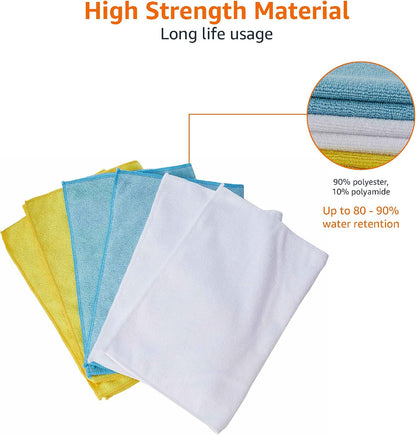 Amazon Basics Microfiber Cleaning Cloths, Ultra Absorbent, Lint Free, Streak Free, Non-Abrasive, Reusable and Washable, 16" x 12", Blue/White/Yellow, Pack of 24
