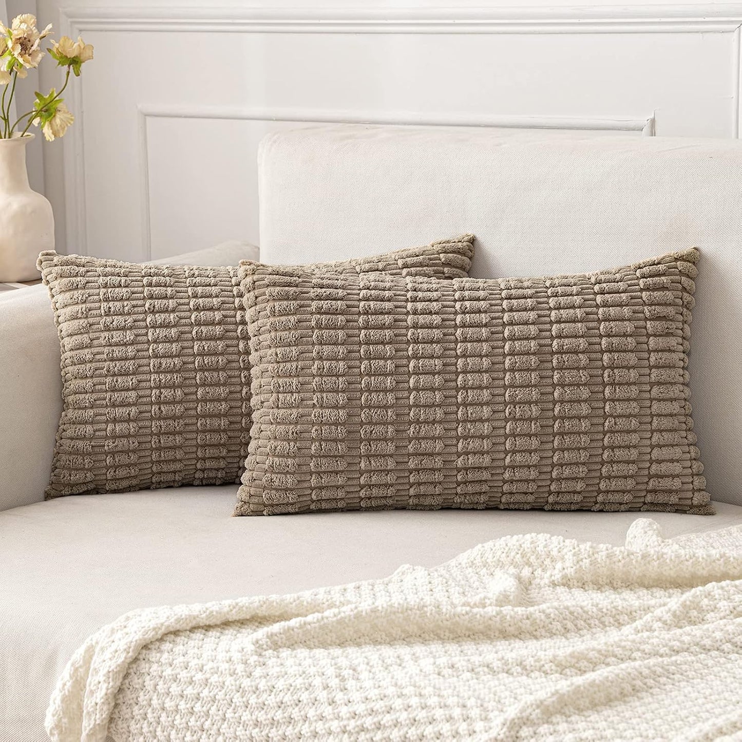 MIULEE Corduroy Decorative Throw Pillow Covers 18x18 Aqua Green Pack of 2 | Soft Boho Striped Pillow Covers Modern Farmhouse Home Decor For Sofa Living Room Couch Bed