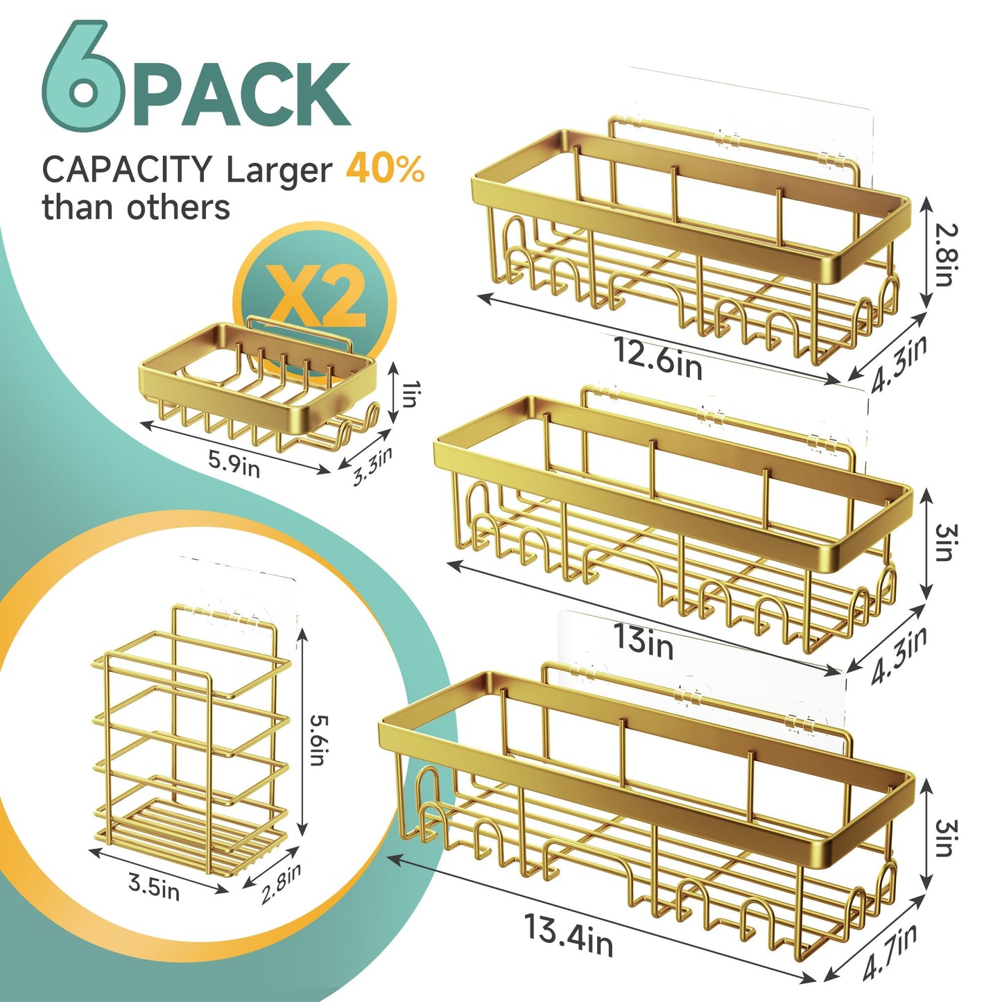Veken Large Capacity Shower Caddy 6-Pack, No Drilling & Rustproof, Adhesive Shower Shelves with Soap Holder, Bathroom Organizers and Storage, Wall-Mounted Kitchen & Home Decor, Pink
