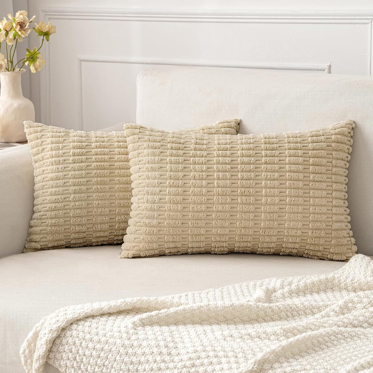 MIULEE Corduroy Decorative Throw Pillow Covers 18x18 Aqua Green Pack of 2 | Soft Boho Striped Pillow Covers Modern Farmhouse Home Decor For Sofa Living Room Couch Bed