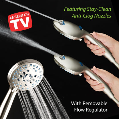 AquaCare 8-mode High Pressure Handheld Shower Head with 2-mode Power Wash | Stay Clean Nozzles, Dual Power Wash for Tub, Tile & Pets, Long 6 ft. Stainless Steel Hose, Wall & Overhead Brackets / Chrome