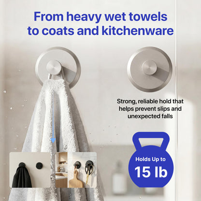 HOME SO Suction Cup Hooks for Shower & Bathroom Towel Holder 2-Pack Black | Waterproof Rustproof Organizer Hook Hanging Loofah Robe Coat Bath Accessories on Tile Glass Door Mirror + Optional 3M Disc