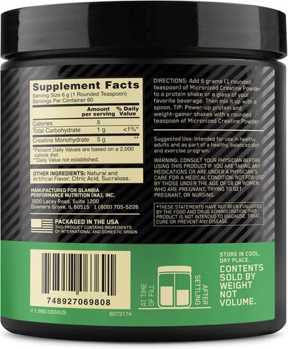 Optimum Nutrition Creatine, Micronized Creatine Monohydrate Powder, Supports Strength & Recovery, Banned Substance Tested, Unflavored, 5g per Serving, 60 Servings | 5g Micronized Creatine Monohydrate Powder Per Serving, Supports Muscle Strength & Power, E