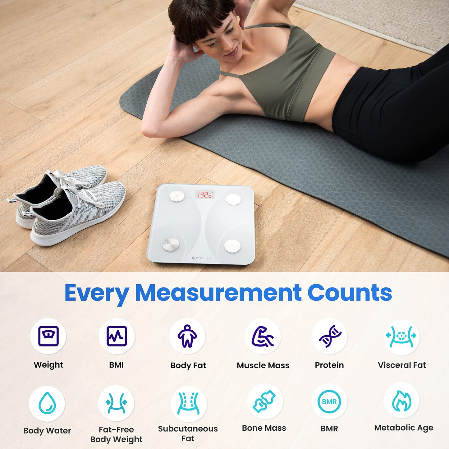 Etekcity Smart Scale for Body Weight, Body Fat and BMI, FSA Eligible | HSA Eligible, Bathroom Scale with Muscle Mass, Accurate Bluetooth App Sync, LED Display and Tempered Glass