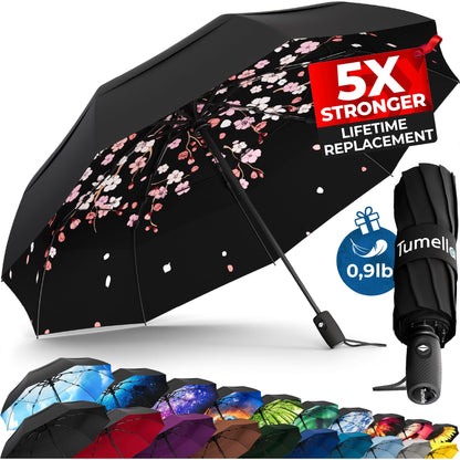 Strongest Windproof Travel Umbrella (Compact, 100MPH Wind-Tested), Light, Portable, One-Handed Use, Automatic Folding Rain Umbrella, Durable, Premium Grip, Fits Car & Backpack