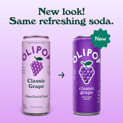 OLIPOP 6g Fiber Prebiotic Soda, Classic Grape, 12 fl oz, 12Pack Skinny | Shelf Stable Prebiotic Soda (Skinny), 6g Fiber, 5g Sugar, Digestive Health Support, Prebiotics & Botanicals, Gluten Free