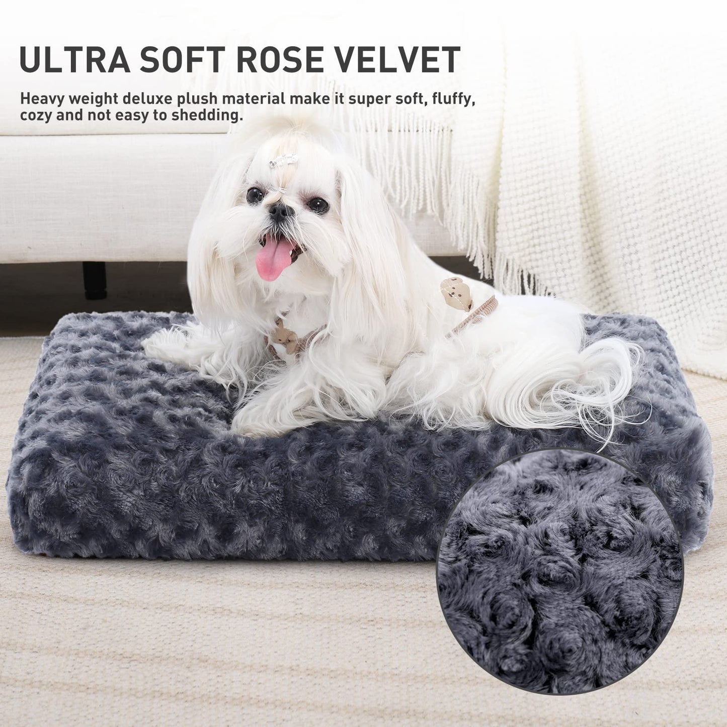 KSIIA Washable Dog Bed Medium Size Dog Crate Bed Plush Pet Mat 35"x23" Gray | Deluxe Plush Comfy Kennel Pad, Anti-Slip Bottom,Deep Sleeping Mat for Medium Dogs,Machine Washable for Easy Cleaning