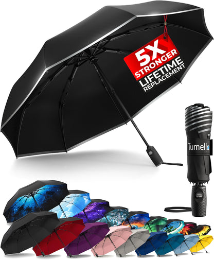 Strongest Windproof Travel Umbrella (Compact, 100MPH Wind-Tested), Light, Portable, One-Handed Use, Automatic Folding Rain Umbrella, Durable, Premium Grip, Fits Car & Backpack