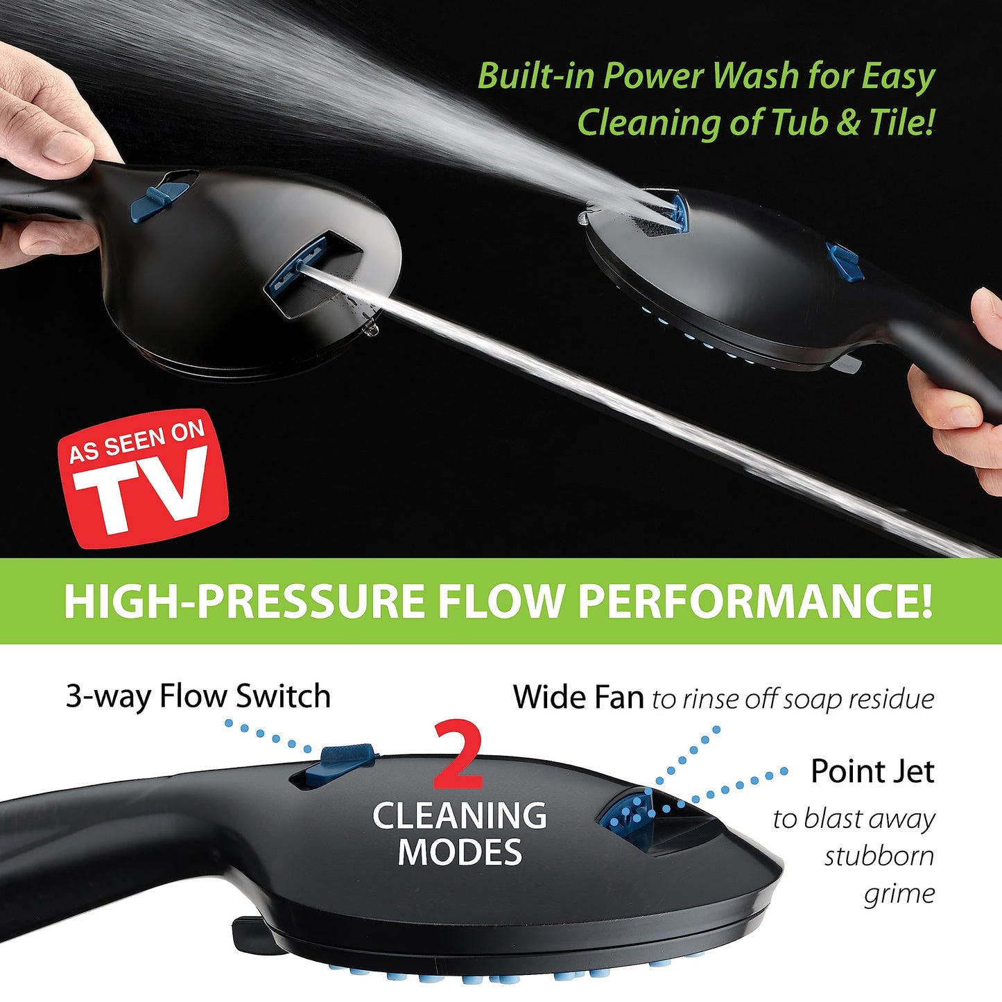 AquaCare 8-mode High Pressure Handheld Shower Head with 2-mode Power Wash | Stay Clean Nozzles, Dual Power Wash for Tub, Tile & Pets, Long 6 ft. Stainless Steel Hose, Wall & Overhead Brackets / Chrome