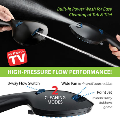 AquaCare 8-mode High Pressure Handheld Shower Head with 2-mode Power Wash | Stay Clean Nozzles, Dual Power Wash for Tub, Tile & Pets, Long 6 ft. Stainless Steel Hose, Wall & Overhead Brackets / Chrome