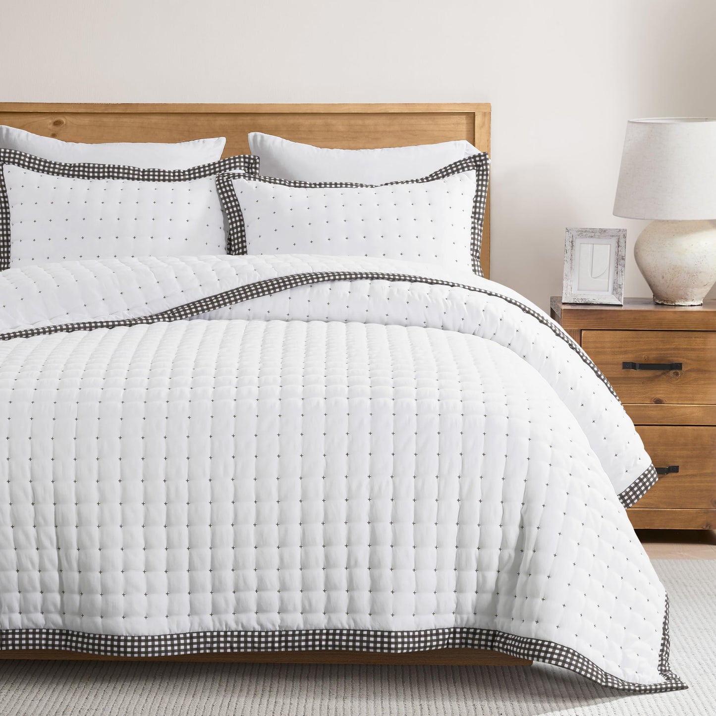 WDCOZY Beige King Size Quilt Bedding Sets with Pillow Shams, Tan Cream Lightweight Bedspread Coverlet, Quilted Blanket Thin Comforter Bed Cover, All Season Summer Spring, 3 Pieces, 104x90 inches