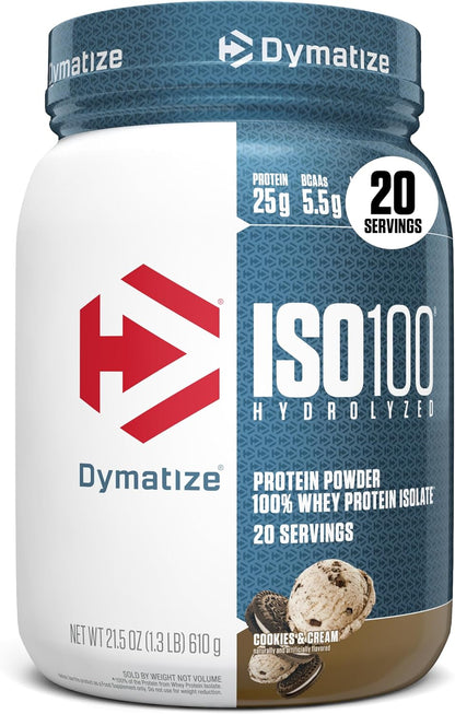 Dymatize ISO100 Protein Powder, 100% Whey Isolate, Cookies & Cream | 25g Protein, Hydrolyzed, Fast-Absorbing, Supports Muscle Health, 5.5g BCAAs, Gluten-Free, 20 Servings, 1.3 lb