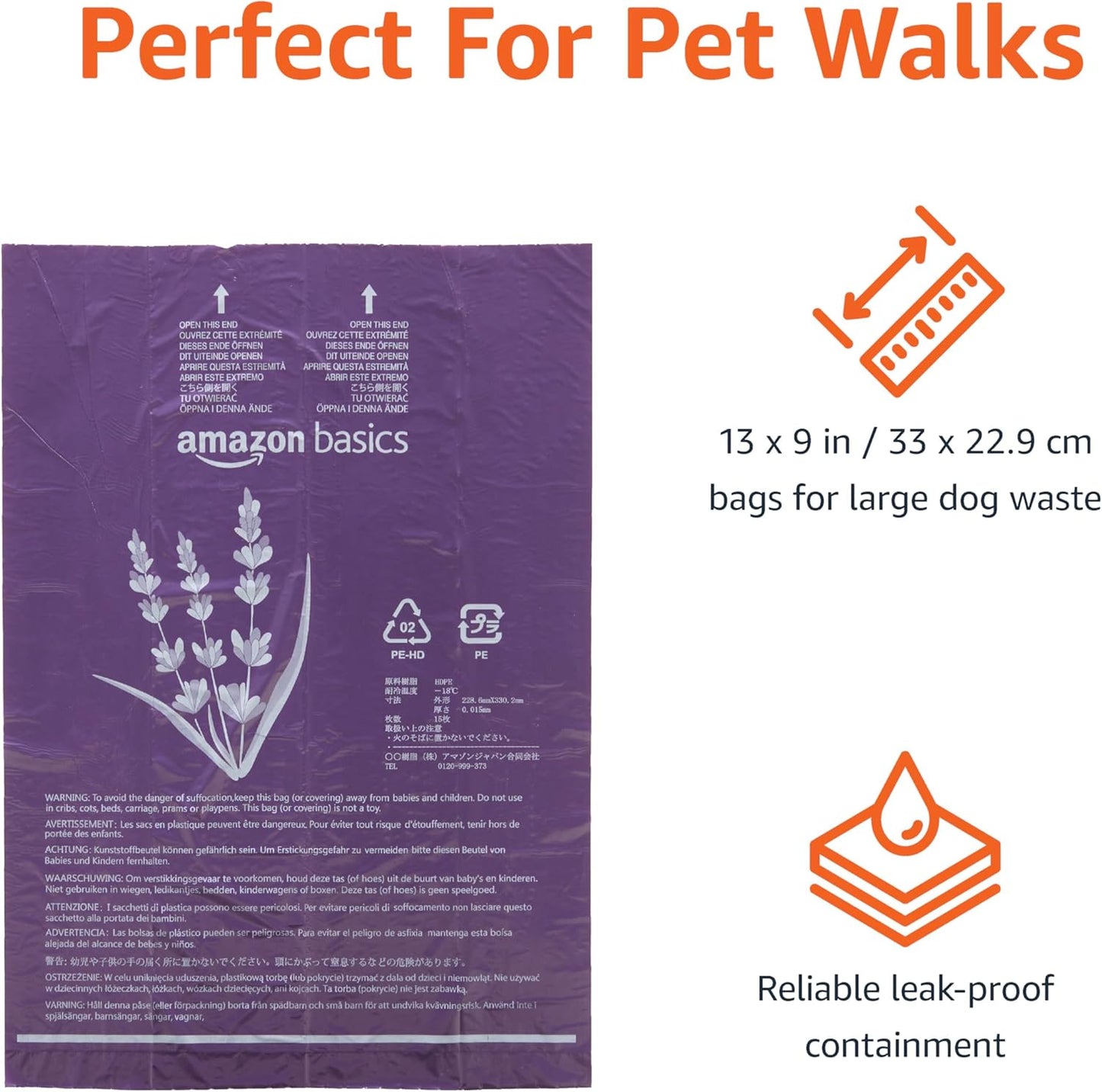 Amazon Basics Dog Poop Leak Proof Bags with Dispenser and Leash Clip, Unscented, 13" x 9" Large Size, 300 Count