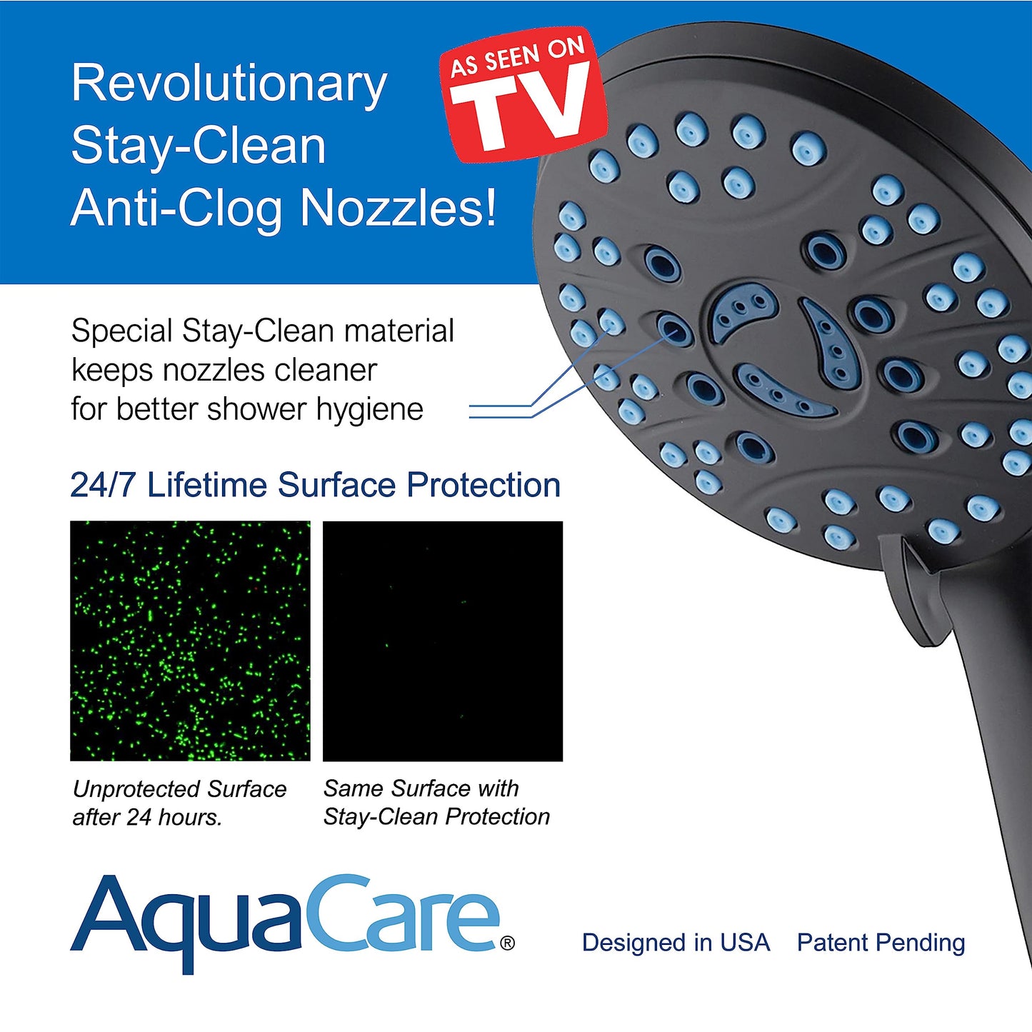 AquaCare 8-mode High Pressure Handheld Shower Head with 2-mode Power Wash | Stay Clean Nozzles, Dual Power Wash for Tub, Tile & Pets, Long 6 ft. Stainless Steel Hose, Wall & Overhead Brackets / Chrome