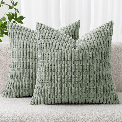 MIULEE Corduroy Decorative Throw Pillow Covers 18x18 Aqua Green Pack of 2 | Soft Boho Striped Pillow Covers Modern Farmhouse Home Decor For Sofa Living Room Couch Bed
