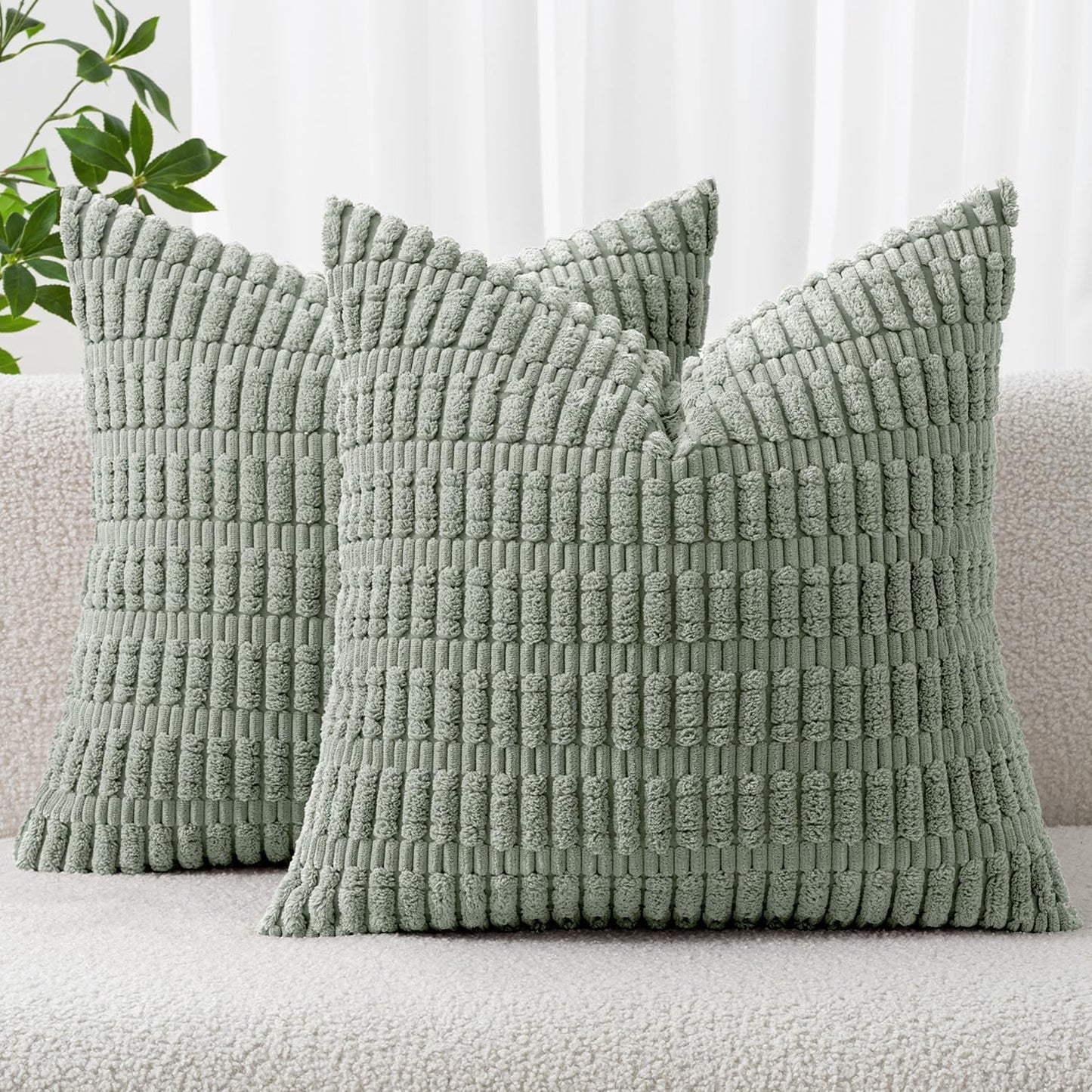 MIULEE Corduroy Decorative Throw Pillow Covers 18x18 Aqua Green Pack of 2 | Soft Boho Striped Pillow Covers Modern Farmhouse Home Decor For Sofa Living Room Couch Bed