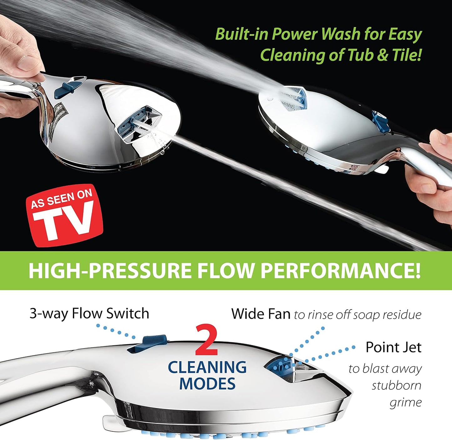 AquaCare 8-mode High Pressure Handheld Shower Head with 2-mode Power Wash | Stay Clean Nozzles, Dual Power Wash for Tub, Tile & Pets, Long 6 ft. Stainless Steel Hose, Wall & Overhead Brackets / Chrome
